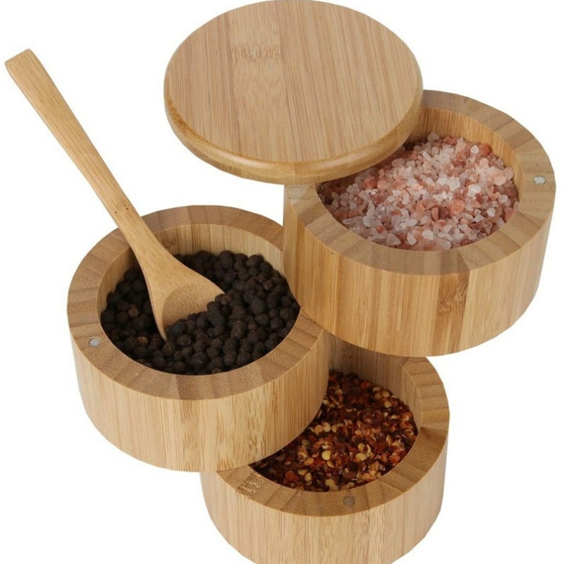 3 Tiers Bamboo Salt Box,Bamboo Spice Box with Magnetic