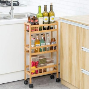 Bamboo 3-Tier Kitchen Removable Storage Cart, Slim Slide Out Rolling Pantry Shelf