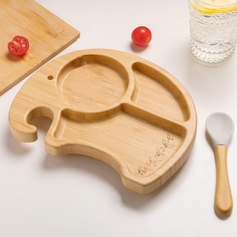 Bamboo Elephant Plate Bowl and Spoon Set for Baby Toddler Kids Children, Suction Plate