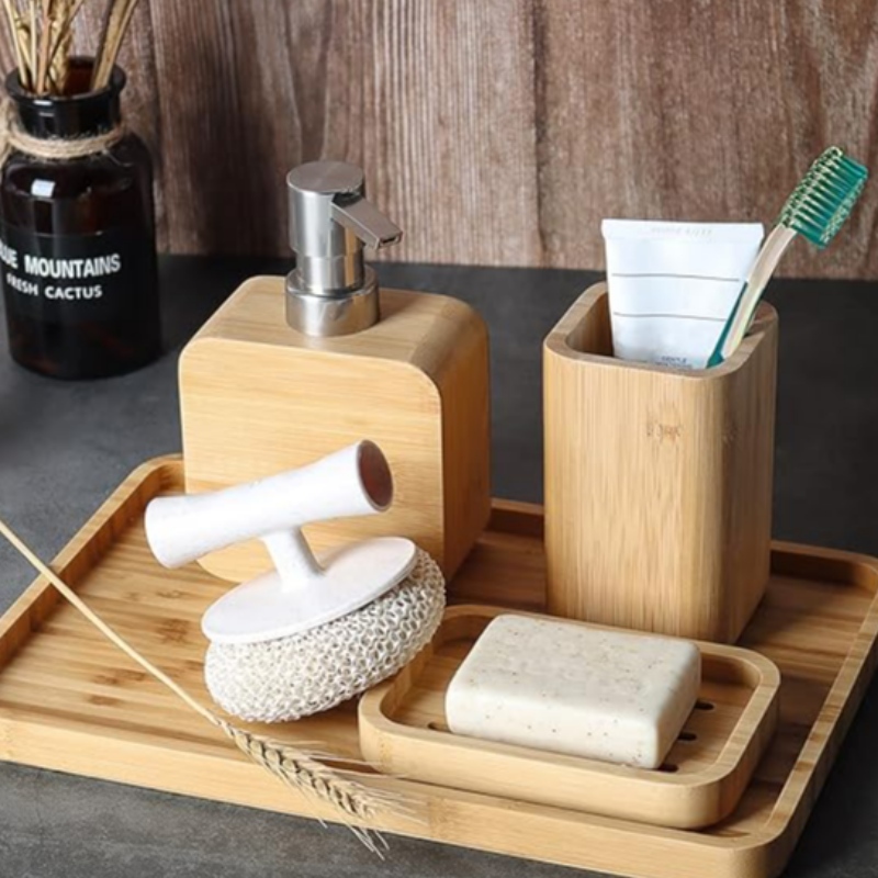 Handmade Bamboo Sink & Bathroom Accessory Sets Retro Set, Natural, Soap Dish Holder for Shower, Lotion Soap Dispenser, Mouthwash Cup, Rinse Cup, Organiser Tray for Hotel, House, Office