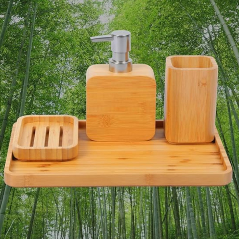 Handmade Bamboo Sink & Bathroom Accessory Sets Retro Set, Natural, Soap Dish Holder for Shower, Lotion Soap Dispenser, Mouthwash Cup, Rinse Cup, Organiser Tray for Hotel, House, Office